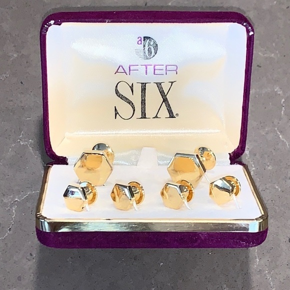 Vtg After Six Gold Tone Hexagon Cuff Link Tuxedo Stud 6 Piece Set - Picture 4 of 5